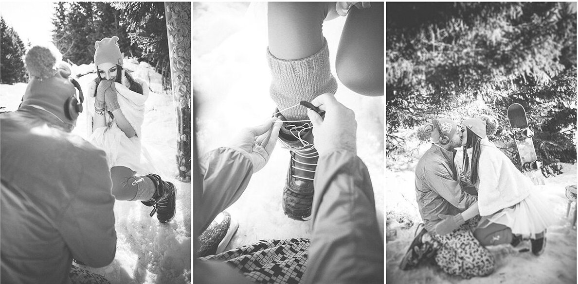 Široki plan neon venčanja na snegu sa jelkama u pozadini