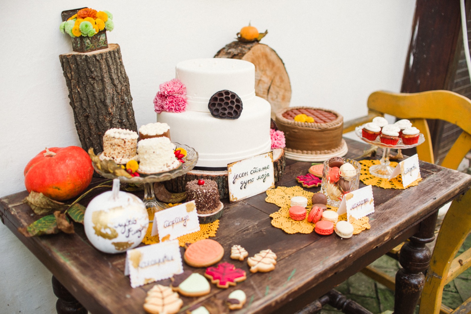 Panorama slatkog stola — kapkejkovi, torte i jesenje cveće