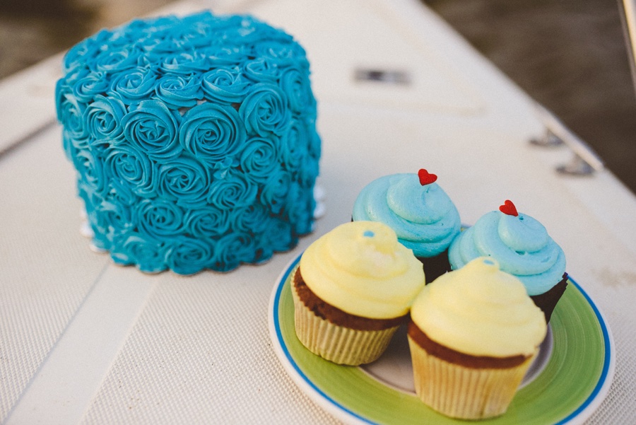 Dušica i Goran na jedrilici sa plavom tortom i balonima